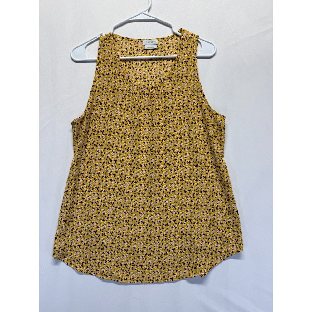 Van Heusen Tank Top‎ Womens Medium Yellow Multi Ditsy Floral Print Scoop Neck